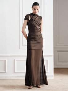 Aveloria Modichic Women's Metal Buckle Ruched Single Sleeve Sheer Mesh Patchwork Waist Dress, Suitable For Evening Parties, Fashion Shows, And Upscale Gatherings - Brown - View 3
