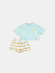 SUMWON Hello Sunshine Graphic Crop Top And Striped Ruffle Shorts Co-Ord Set For Summer Casual Wear - Green - View 2