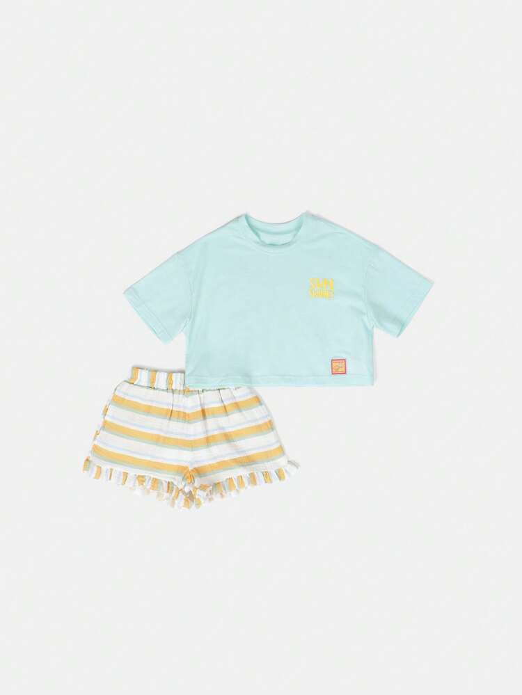 Hello Sunshine Graphic Crop Top And Striped Ruffle Shorts Co-Ord Set For Summer Casual Wear