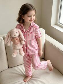 Girls' Apricot Bowknot Bubble Print Short Sleeve Pajama Set - Multicolor - View 6