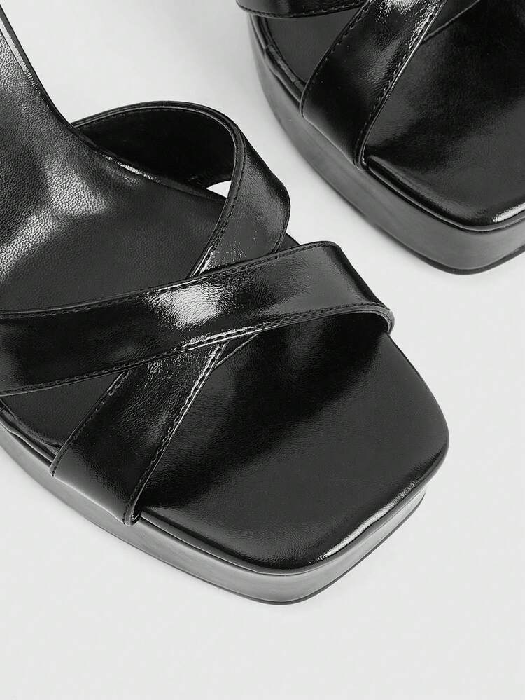 CUCCOO LuxiPop Women's Shoes Black Mirror Cross Strap Design Fashionable Sexy High Thick Heel Water Table Sandals