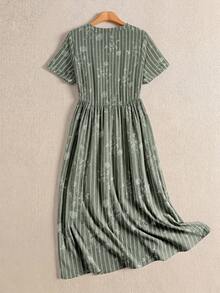 Rusticease Women's Floral & Striped Short Sleeve Casual Dress For Vacation - Limelight Green - View 2