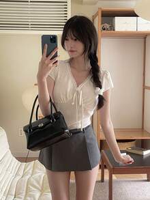 DAZY 女款休閒純色蕾絲拼接上衣校園風 - 白色 - 查看 4