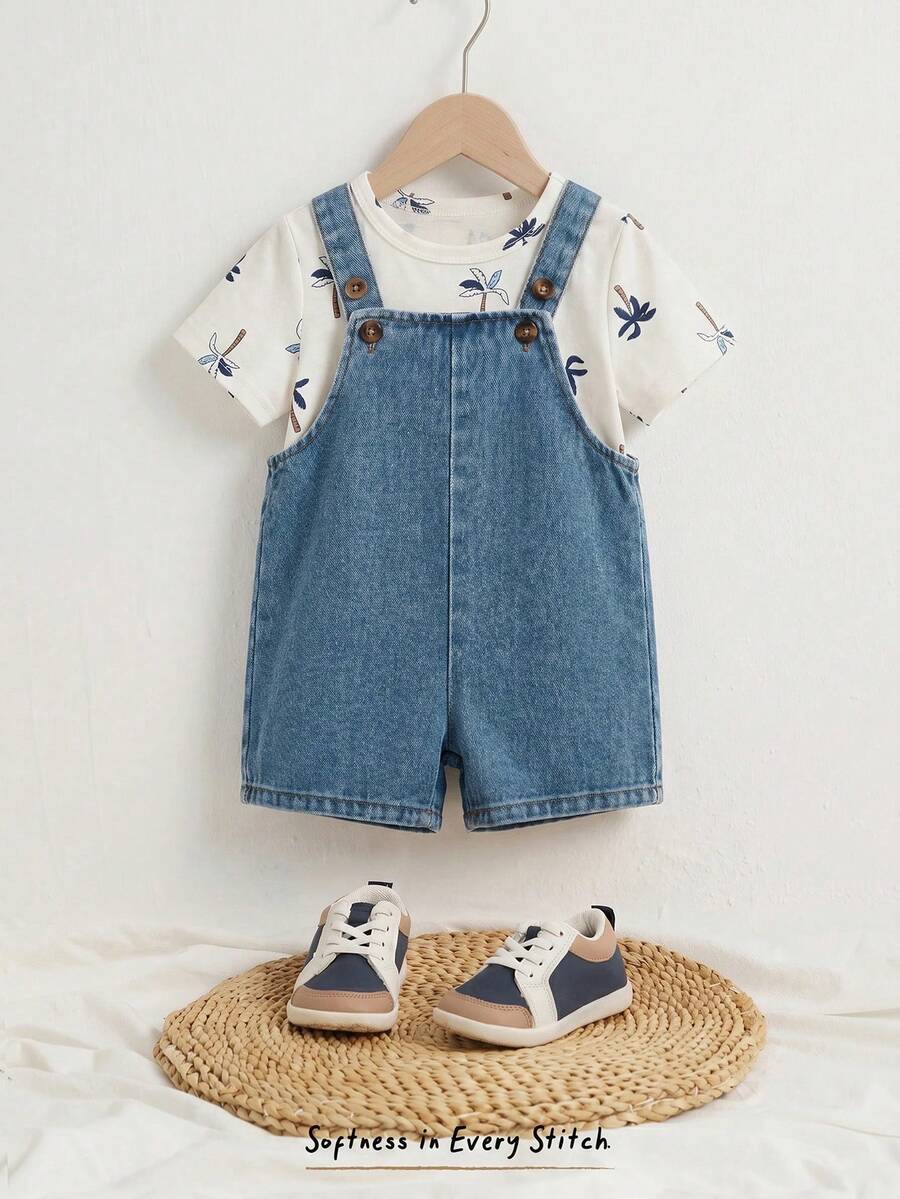 Cozy Pixies Set de 2 piezas con top de manga corta de punto suave de unicolor y pantalones cortos con estampado de árbol de coco para bebé niño - Multicolor - Ver 1