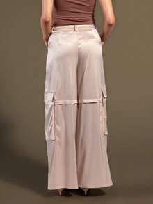 Rouah Women's Solid Color Pocket Button Casual Cargo Pant In Soft Premium Satin, Versatile For Daily Wear - Champagne - View 2