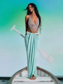 Barévion Women's Solid Color Fashionable Design Long Skirt, Beach Dusty Blue Sexy - Cadet Blue - View 1