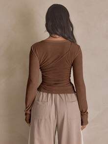 MUSERA Aysmemetric Fitted Layer Long Sleeve Top Autumn, Sporty, Casual, Day Everyday, Streetstyle, Streetwear Holiday Coffee Brown - Coffee Brown - View 5