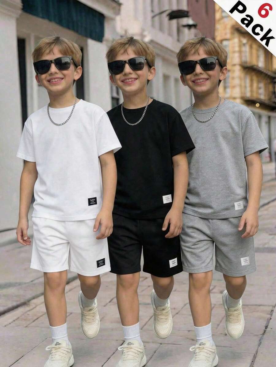 SHEIN 3套买二送一幼儿男童休闲运动套装，儿童舒适圆领宽松短袖T恤和运动短裤多件套，运动服，Y2K套装，SS26，夏季上衣，夏季短裤，夏季套装，夏季服装，男童套装，适合春夏穿着，户外活动，情人节，约会，旅行，度假，家庭聚会，返校季，婚礼季，晚宴，运动，生日派对