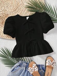 SHEIN LMoss Kids Atasan Pullover Lengan Pendek Kerah Bulat Warna Polos Kasual untuk Anak Perempuan - Hitam - View 3