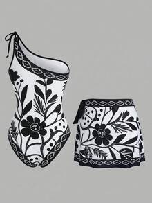 Swim Oasis 26SS 女款春夏海灘度假優雅浪漫波西米亞熱帶葉花卉印花，不對稱肩單件泳衣 & 裹身式長裙，適合度假、海灘、下午茶、野餐、派對、日常穿著、休閒、戶外活動，時尚穿搭 - 米色 - 查看 2
