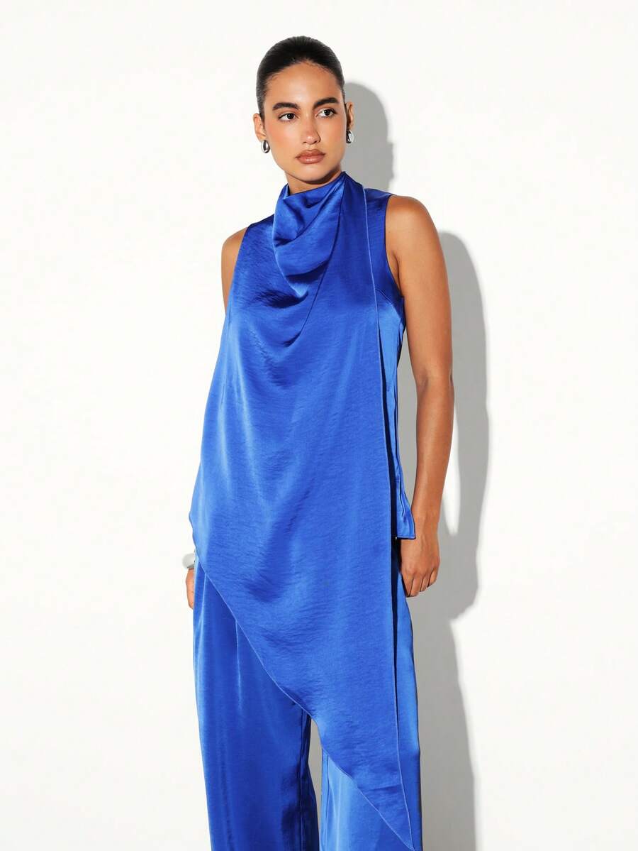 KSTM Top sin mangas de satén asimétrico con cuello de capucha drapeado y bajo con volantes para uso de noche y ocasiones especiales - azul real - Ver 1
