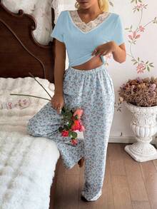 CottageSlumber Youthful Fashion Set For Women, Summer Ditsy Floral, Casual Short Sleeve Top And Pants 2-Piece Outfit - Blue - View 4
