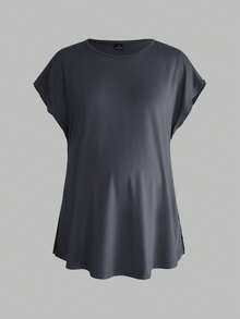 Modmama Camiseta casual de maternidad de unicolor, cuello redondo y manga corta - Gris Oscuro - Ver 12