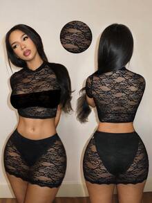 Mistrie Women's Black Floral Floral Summer Lace Mini Skirt,Hot Embroidered Hollow-Out Slit Body Fitting Dress,Seductive Night Out Night Party Outfit,Luxury - Black - View 5