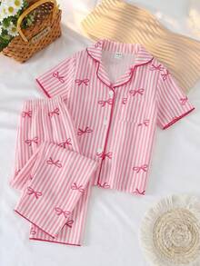 Girls' Apricot Bowknot Bubble Print Short Sleeve Pajama Set - Multicolor - View 8