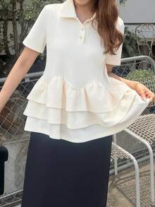 FRIFUL Áo thun ngắn tay nữ màu trơn xếp ly, kiểu dáng thường ngày, đa năng. - Xám - Xem 7