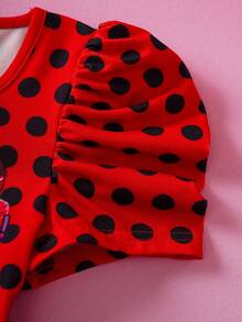 Miraculous Ladybug X SHEIN Cartoon Character Polka Dot Print Square Neck Casual T-Shirt For Young Girl - Red - View 5