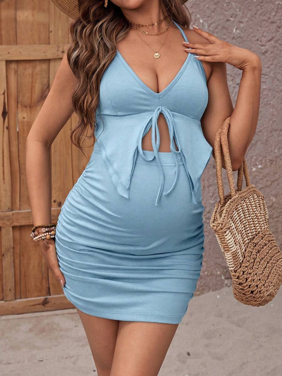 GentleRue Maternity Maternity Casual Solid Color Top & Pleated Mini Skirt 2 Pieces Set - Baby Blue - View 1