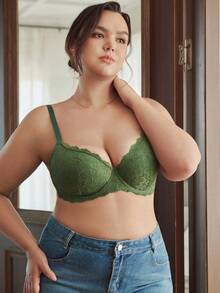 Slumbrini MIMILEMON Green Plus Size Women's Lace Underwire Seamless Lingerie Bra With Full Coverage, Wire-Free Support, Breathable, Daily Wear Seamless Lingerie Bra, Lift - Green - View 5