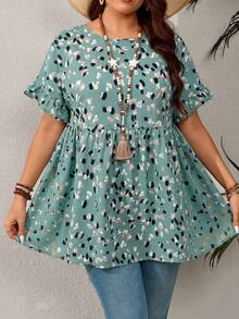 EMERY ROSE Plus Size Casual Resort Style Ruffled Sleeve Allover Print Shirt,Summer Outfits For Women/Summer,Tropical Vacation Woman Clothes - Green - View 1
