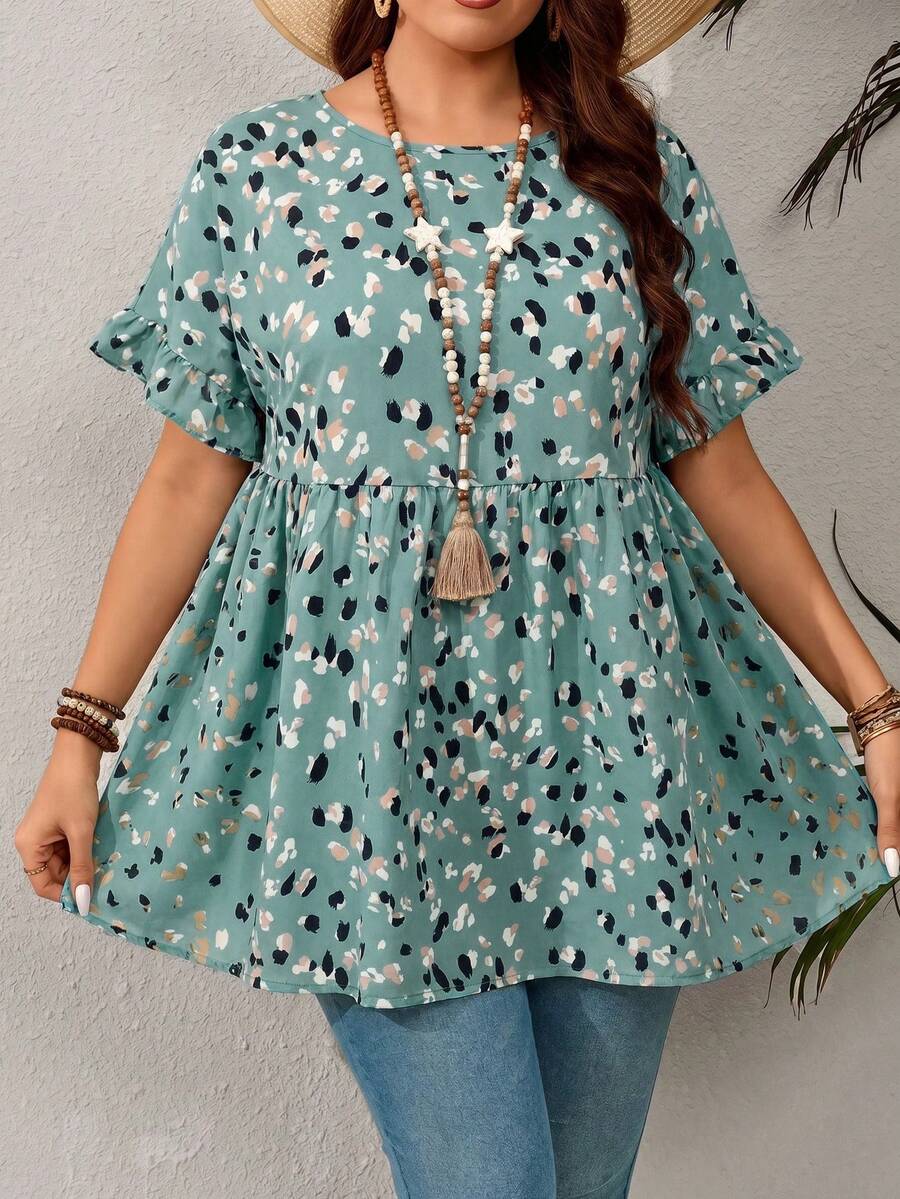 EMERY ROSE Plus Size Casual Resort Style Ruffled Sleeve Allover Print Shirt,Summer Outfits For Women/Summer,Tropical Vacation Woman Clothes - Green - View 1