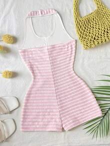 SHEIN 青少年女孩修身休閒掛脖條紋圓領無袖連身褲 - 粉色 - 查看 2