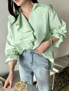 Blusa holgada con cuello en V, parches y volantes en el bajo - Azul - Ver 11