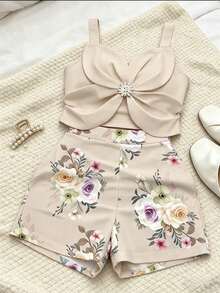 EMERY ROSE Metal Flower Decor Casual Tank Top And Floral Print Shorts Set, Summer Fashion - Apricot - View 3