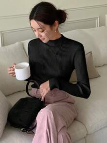 DAZY Women's Solid Stand Collar Long Sleeve Casual Business Pullover Sweater For Fall,Long Sleeve Tops - Black - View 4