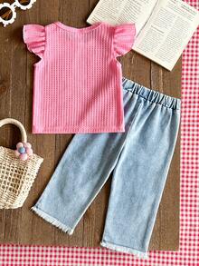 SHEIN Vintaside Kids 两件套少女夏季活力紫色荷叶袖上衣和牛仔裤，饰以精致樱花刺绣，甜美吸睛，简约设计，舒适休闲，适合外出、聚会和居家休闲穿着。 - 粉色 - 查看 2