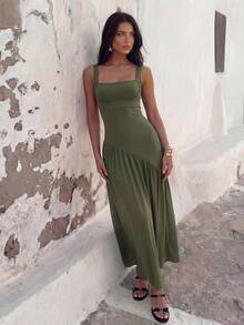 SHEIN PETITE Women's Fashion Square Neck Green Backless Patchwork Dress - Army Green - View 3