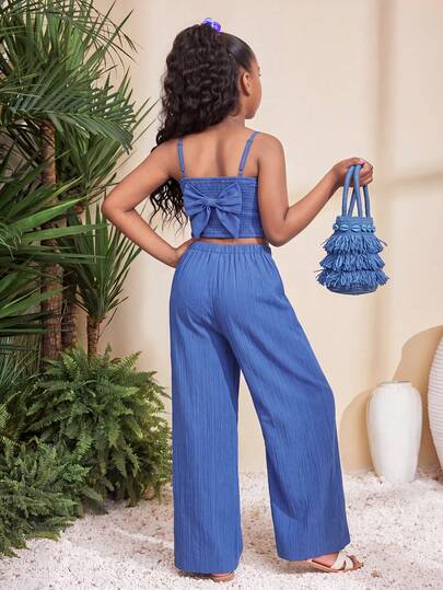 SHEIN Bộ đồ bé gái tuổi teen đi chơi gồm áo hai dây casual trang trí nơ 3D & quần ống rộng dệt