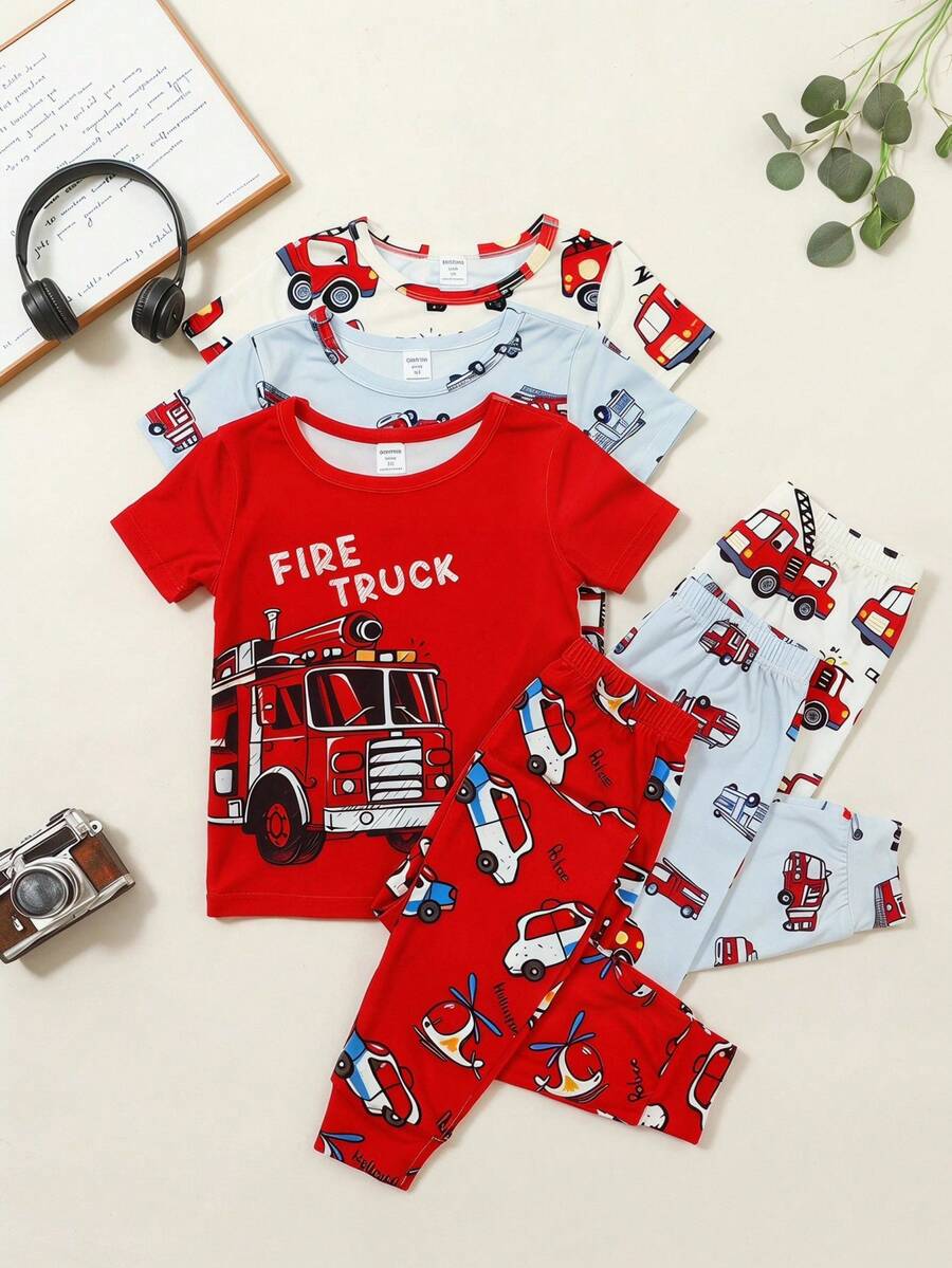 SHEIN 6pcs/Set Kids Boys Firefighter Truck Print Pajama Set,Includes 2 Sets Short Sleeve Tops & Pants,Summer,Family Matching Snug Fit Sleepwear Homewear