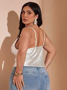 SHEIN BAE CURVE 大码女式白色串珠珍珠垂褶领吊带衫 - 白色 - 查看 5