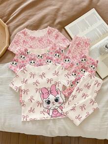 2pcs/Set Cute Cartoon Cat & Bow Print Baby Girls Ruffle Trim Colorblock Homewear Outfit, Suitable For Spring/Summer Daily, Holiday, Vacation - Multicolor - View 2