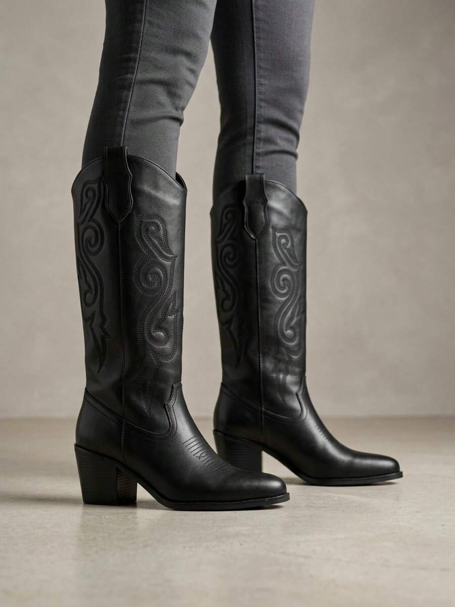 Knee-Length Western Boot With Decorative Embroidery And Square Heel - Black - View 1