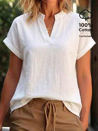Balvessa Women's Notched Neck Cutout Shoulder Casual Linen Blouse, Elegant For Work, Spring/Summer