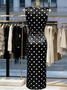 Franclia Women's Elegant Romantic Satin Polka Dot Print Ruffle Neck Sleeveless Pleated Dress, Suitable For Spring/Summer Outings And Dates - Black and White - View 2