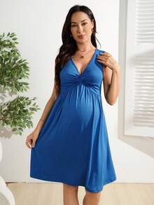 Momance Comfortable Solid Color Sleeveless Summer Nursing Dress - Royal Blue - View 4