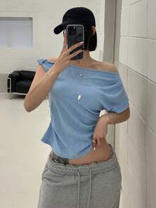 DAZY Solid Color Asymmetrical Shoulder Casual Sexy Summer T-Shirt For Women Vacation Golf Pastal School - Blue - View 2