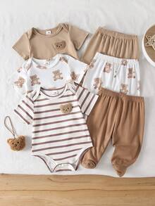 SHEIN Playful Pals 6件/3套新生儿短袖连体衣裤套装，柔软针织面料，可爱小熊图案 - 彩色 - 查看 1