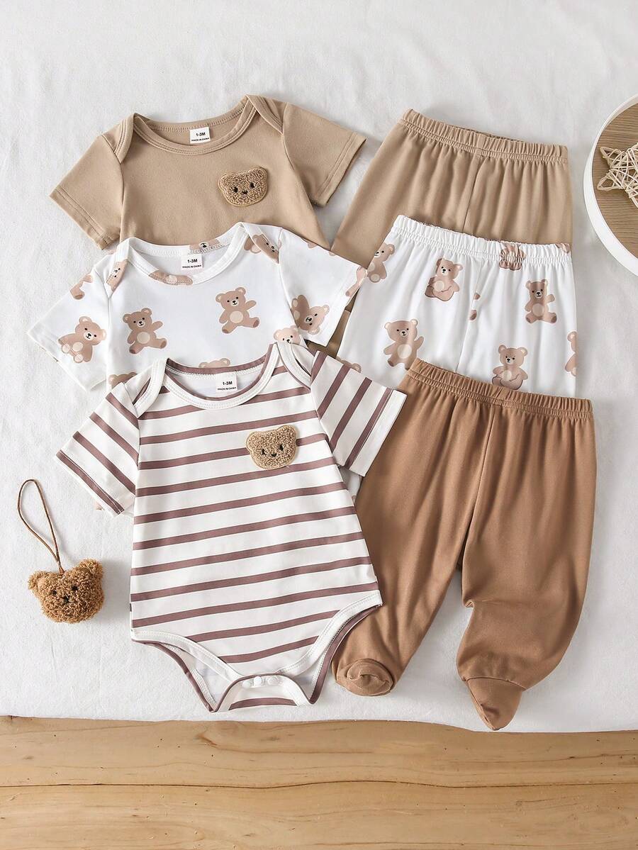 SHEIN Playful Pals 6件/3套新生儿短袖连体衣裤套装,柔软针织面料,可爱小熊图案 - 彩色 - 查看 1