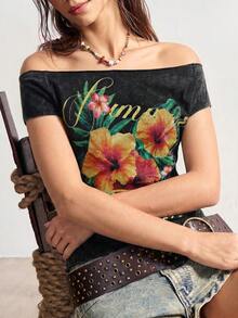 Bohemela Women's Off-Shoulder Floral Print Casual Versatile Daily Wear T-Shirt - Black - View 6