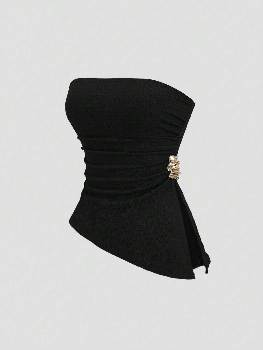 Sweetra Women's Solid Color Metal Decor Ruched Casual Versatile Date Night Tube Top - Black - View 1
