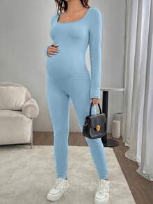 SHEIN Bộ đồ liền thân Bà bầu - Màu xanh nhạt - Xem 4
