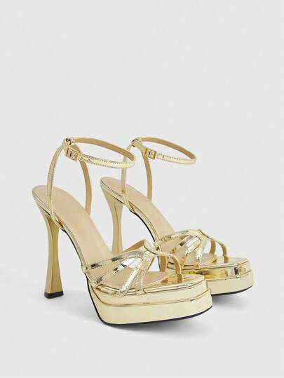 CUCCOO LuxiPop Zapatos de tacón alto con plataforma de doble capa en color dorado, estilo sexy de punta cuadrada para discoteca, nuevos con copa de vino y 12 cm de altura, sin cansancio, sandalias de tacón alto