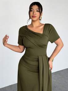 Firerie Plus Size Women's Spring/Summer New Oblique Collar Ruffle Hem Asymmetrical Design Vacation Casual Waist Cinching Elegant Short Sleeve Dress - Army Green - View 6