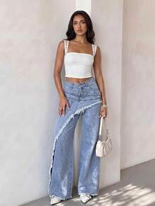 SHEIN Glamour 女款休閒時尚街頭設計日常通勤毛邊褲腳假兩件式水洗寬腿牛仔褲 - 藍色 - 查看 7