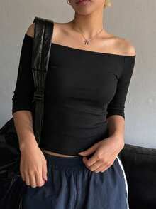 DAZY 女款方領短袖修身短版T恤上衣 夏季 - 黑色 - 查看 2