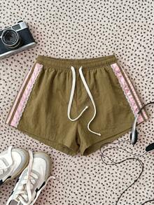 SHEIN Quần short dệt kim cạp chun có dây rút, phối ren tương phản, kiểu dáng thường ngày cho bé gái tuổi teen. - Nhiều màu - Xem 1